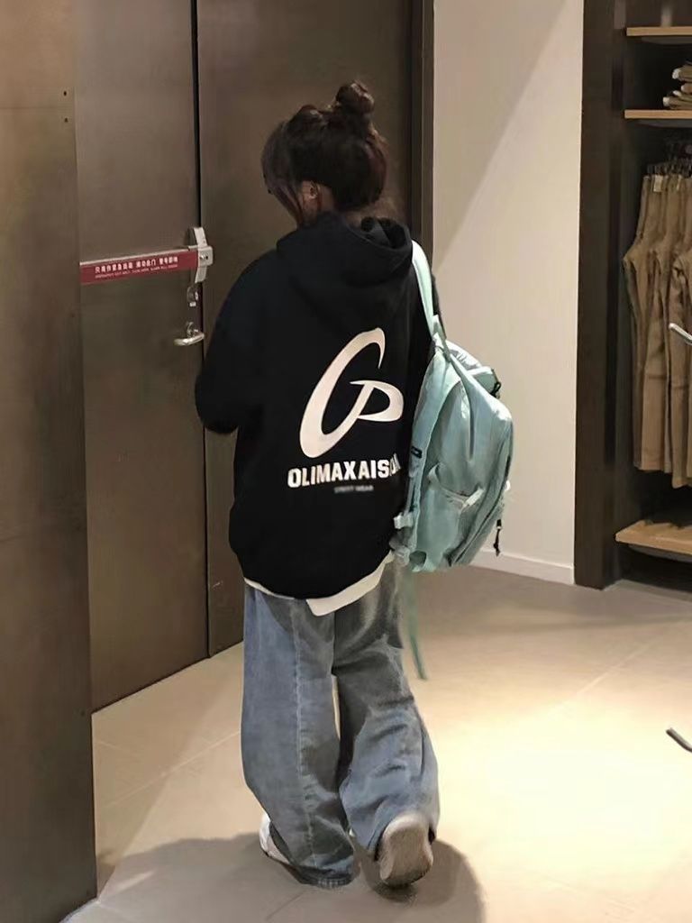 復古美式慵懶風長袖連帽衛衣外套女秋季寬鬆休閒百搭小眾情侶上衣