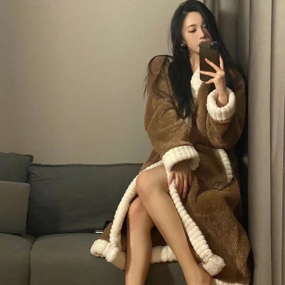 韩版高级感纯色珊瑚绒睡袍睡衣女冬季新款法兰绒加厚长裤居家套装