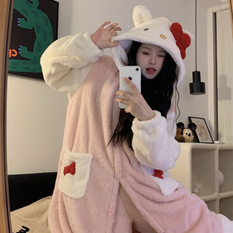 ins風可愛HelloKitty珊瑚絨睡衣女冬季新款加厚法蘭絨家居服套裝