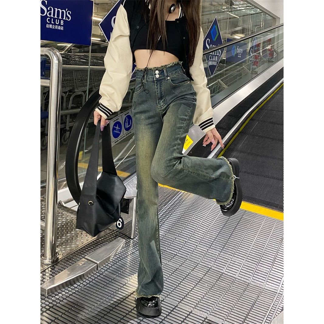 辣妹高腰薄款復古收腹牛仔褲女秋季ins潮百搭顯高顯瘦微喇叭褲子