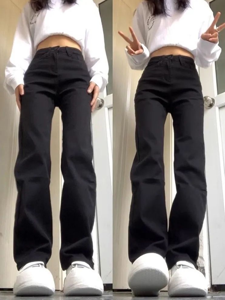 黑色窄版直筒牛仔褲女高腰修身彈力顯瘦顯高百搭加長煙管堆堆褲子