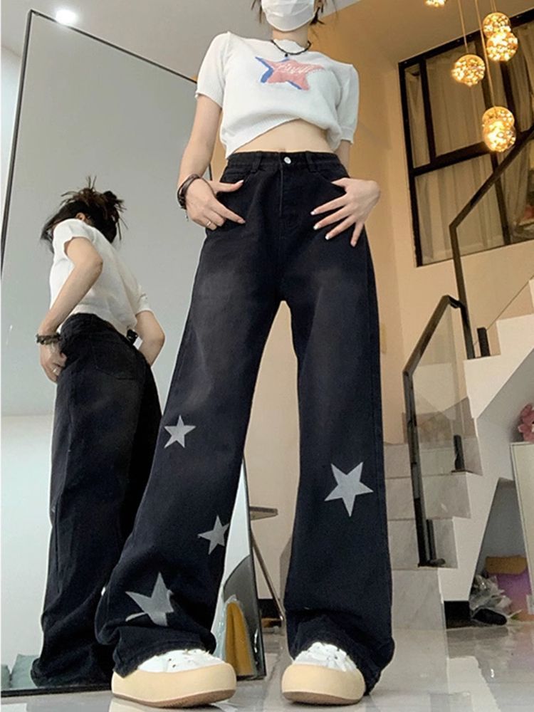 黑色星星直筒牛仔褲女秋季高腰大碼胖mm寬鬆顯瘦梨形身材闊腿褲子