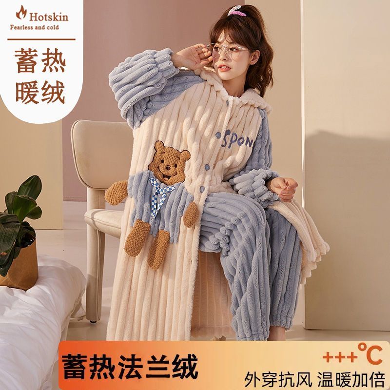 睡袍女加厚加絨珊瑚絨冬天保暖睡衣帶帽中長款袍套裝法蘭絨家居服