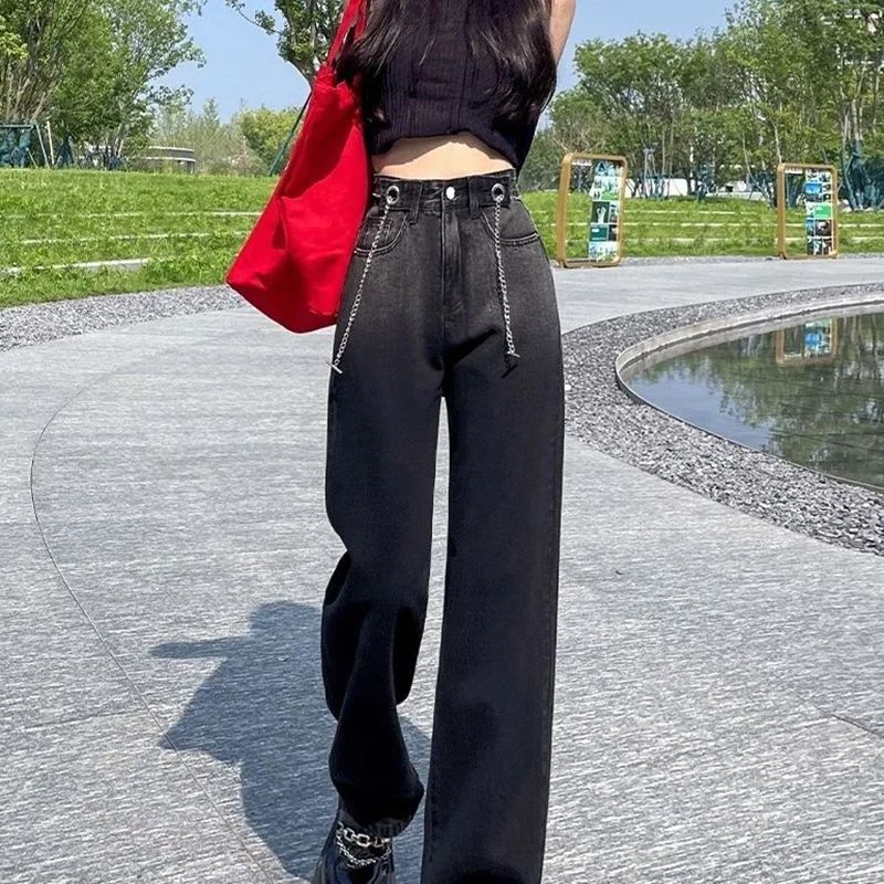 黑灰色秋季新款漸變黑直筒牛仔褲女小眾設計高腰寬鬆顯瘦長褲ins