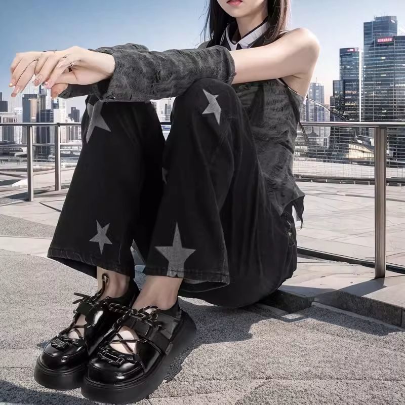 美式復古五角星闊腿牛仔褲女春秋2023新款小個子寬鬆墜感直筒褲子