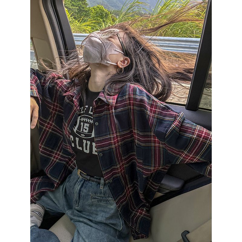 秋冬季日系復古磨毛格子襯衫女外穿寬鬆大碼打底上衣長袖襯衣外套