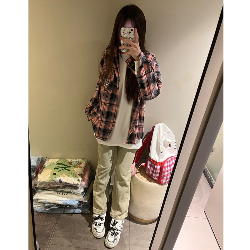 日系學院風vintage格子襯衫女外穿寬鬆磨毛襯衣上衣長袖秋冬外套