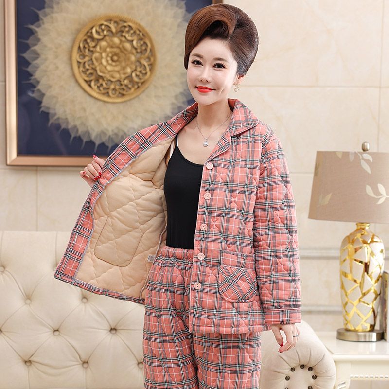 秋冬季中老年中年媽媽夾棉三層睡衣女純棉加厚保暖全棉家居服套裝