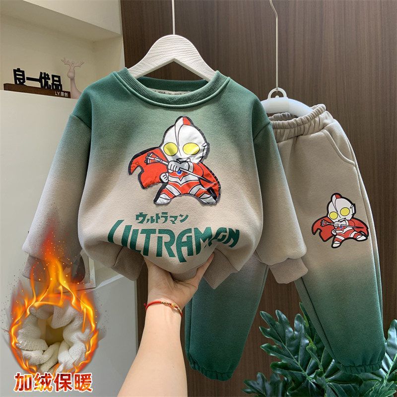 奧特曼衣服男童加絨衛衣套裝2023新款痞帥兒童寶寶秋冬季潮牌童裝