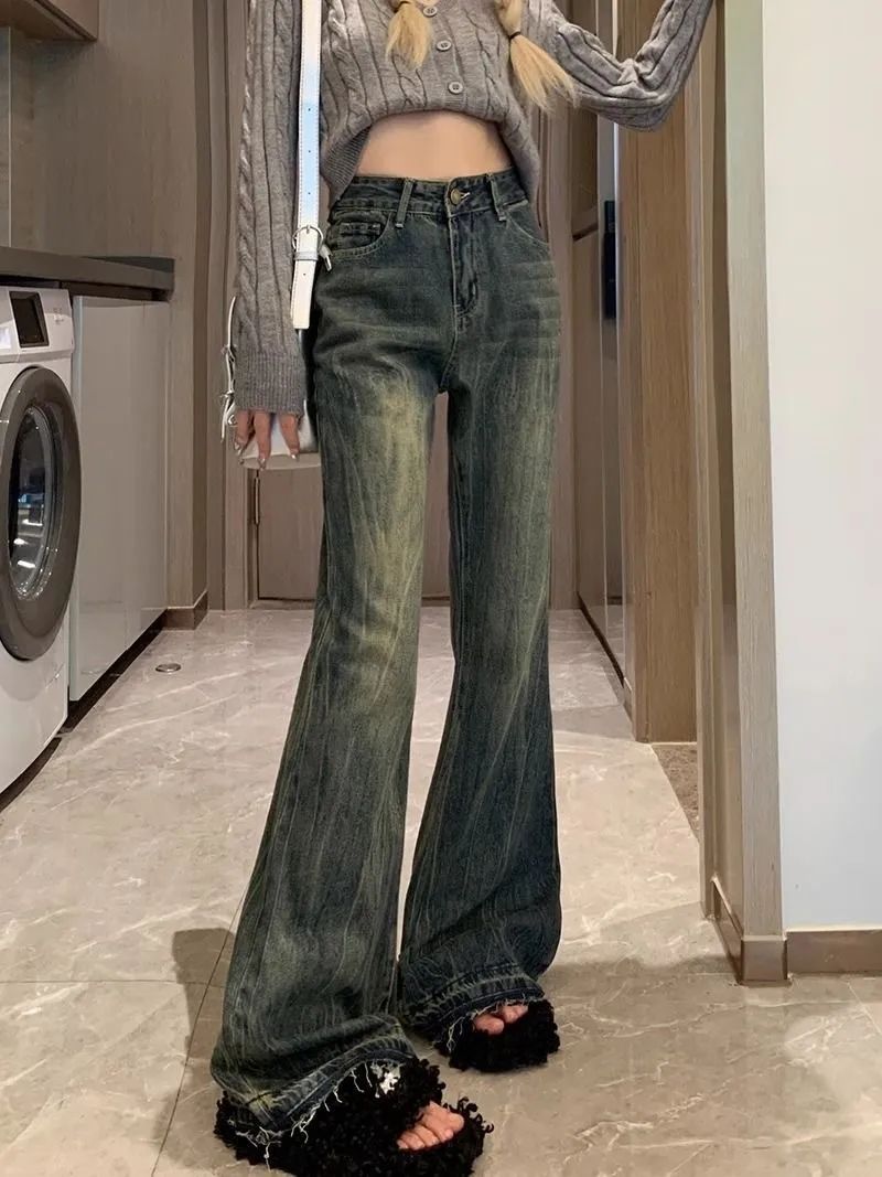 美式復古微喇闊腿牛仔褲女秋冬款高腰寬鬆顯瘦高個子加長款拖地褲