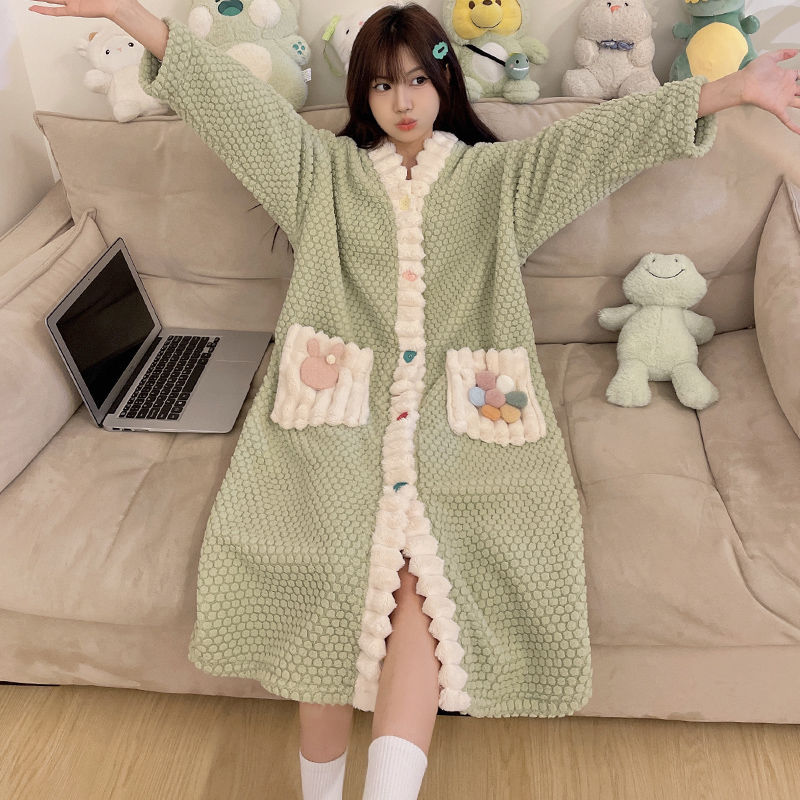 居家珊瑚絨睡裙女秋冬季加厚保暖可愛小兔子睡衣寬鬆法蘭絨家居服