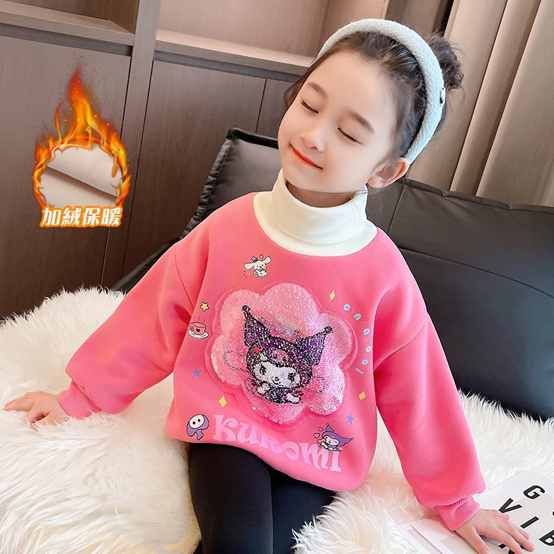 Girls' autumn and winter velvet sweatshirt  new style Kuromi sequin flip changeable pattern high collar color changing children's clothing trend