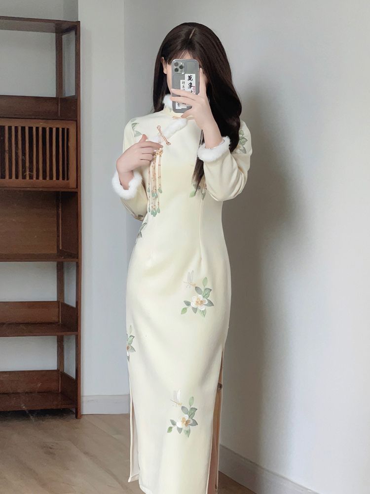改良旗袍少女長袖加絨冬季2023新款刺繡復古民國氣質高級感年輕款
