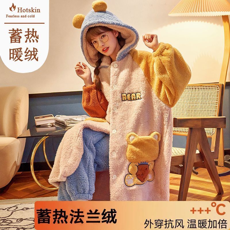 睡袍女加厚加絨珊瑚絨冬天保暖睡衣帶帽中長款袍套裝法蘭絨家居服