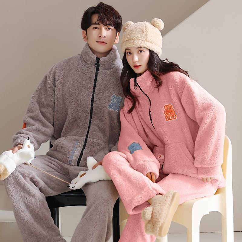 Geqianya couple pajamas coral velvet thickened plus velvet warm men and women autumn and winter flannel can be worn outside home clothes