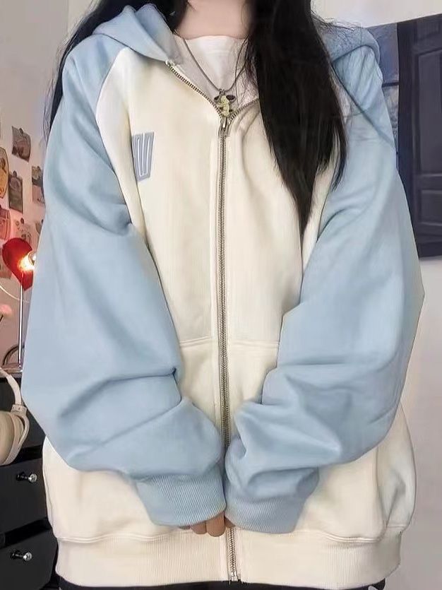 春秋款韓系慵懶風米杏淺藍色oversize連帽衛衣外穿女寬鬆顯瘦上衣