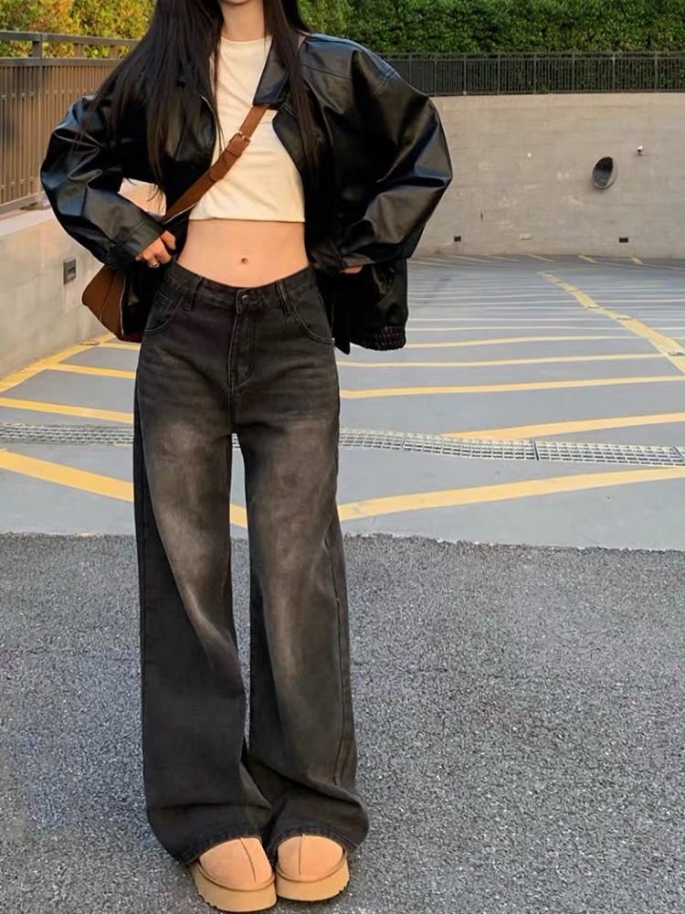 美式復古水洗磨白黑灰色牛仔褲直筒褲女秋冬慵懶小眾闊腿拖地褲子