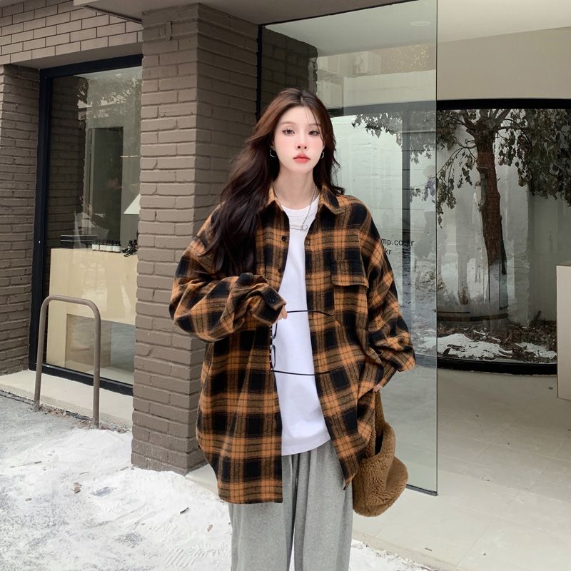 潮流美式復古磨毛格子襯衫外套女秋季中長款百搭翻領休閒疊穿襯衣