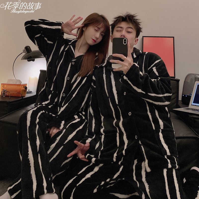花季的故事法蘭絨睡衣女冬季長袖套裝保暖情侶款不規則條紋家居服