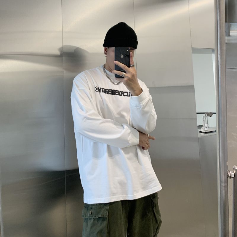 春秋季重磅純棉美式字母印花長袖T恤男士外穿潮牌寬鬆打底衫上衣