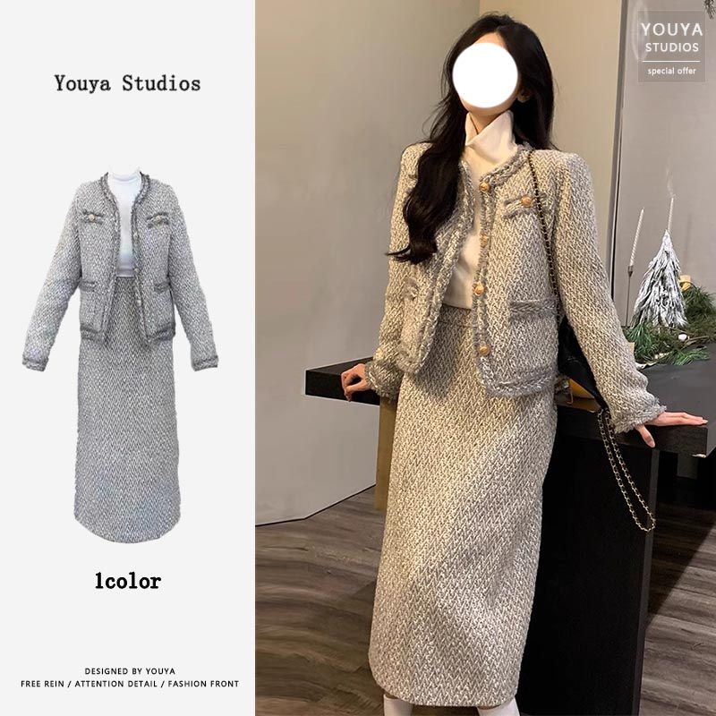 法式名媛小香風套裝女長袖外套上衣冬季開叉半身裙時尚氣質兩件套