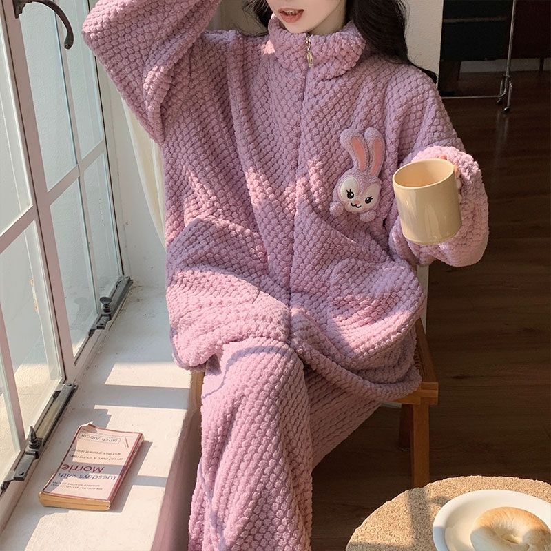 2023年冬季新款珊瑚絨睡衣女長袖套裝法蘭絨加厚保暖可外穿家居服