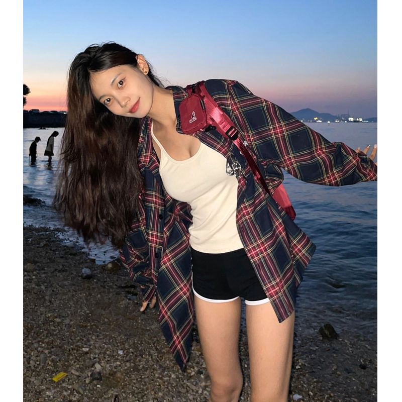 秋冬季復古長袖格子襯衫女外穿寬鬆大碼外套疊穿上衣磨毛格紋襯衣