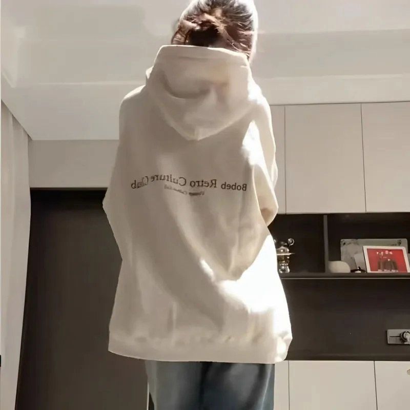 100%紡棉美式高街慵懶白色連帽衛衣寬鬆oversize中長款小眾潮上衣