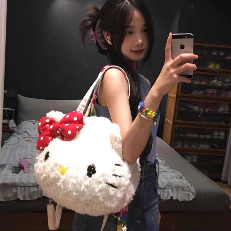 HelloKitty毛绒包包秋冬日系托特包可爱kitty猫学生双肩包少女