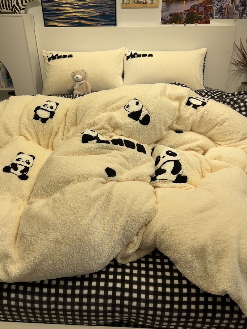 冬季奶咖可爱熊毛巾绣牛奶舒棉绒四件套保暖床单珊瑚绒被套三件套