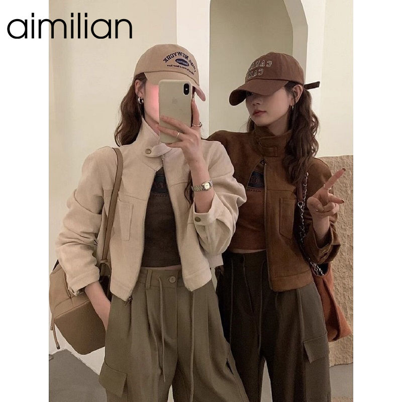 aimilian American retro stand-collar coat women's autumn and winter loose slim versatile short jacket top for small people