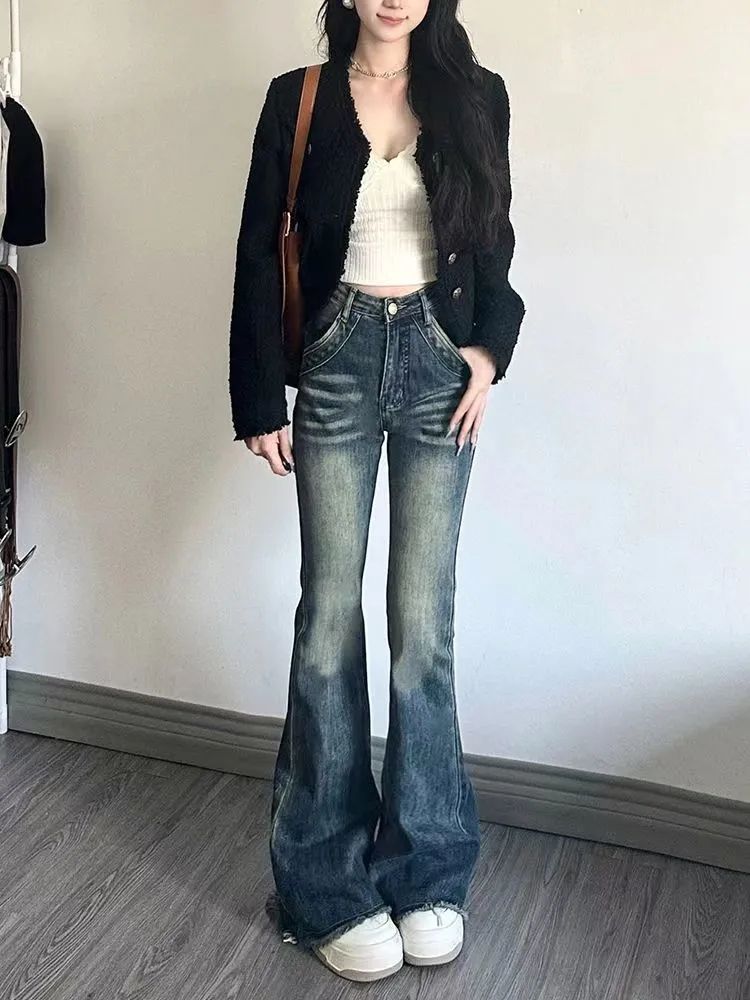 美式復古藍微喇牛仔褲女秋季新款毛邊彈力高腰顯瘦直筒拖地褲子潮