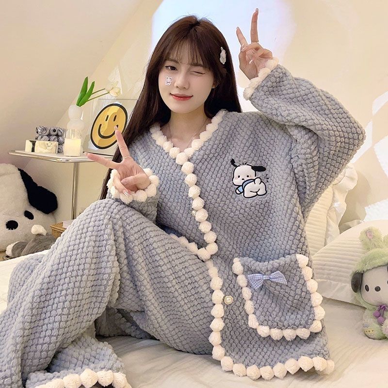 秋冬提花絨睡衣女甜美霧霾藍加絨保暖家居服女法蘭絨加厚宿舍套裝