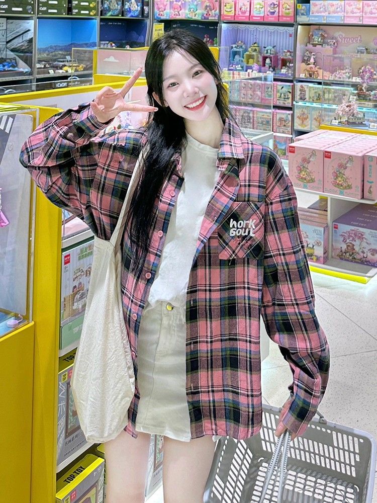 甜美長袖襯衫女秋季百搭眷屬上衣Polo領磨毛襯衣撞色格子外套潮