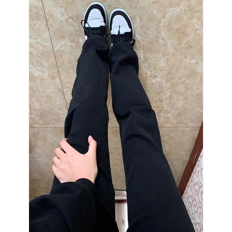 黑色窄版直筒牛仔褲女高腰修身彈力顯瘦顯高百搭加長煙管堆堆褲子