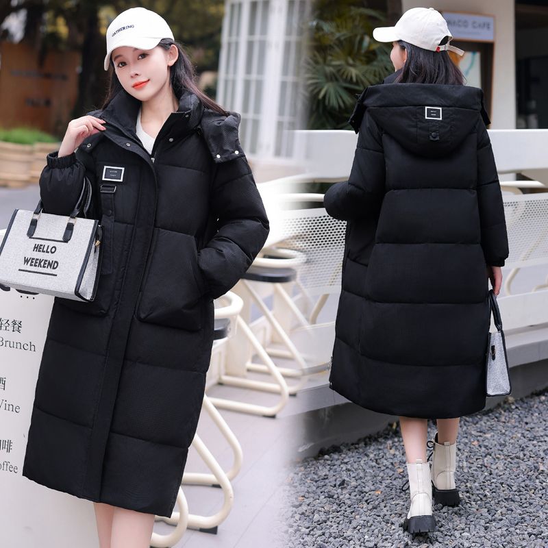 黑色冬季中長款羽絨棉服2023新款女韓版加厚寬鬆休閒過膝棉衣外套