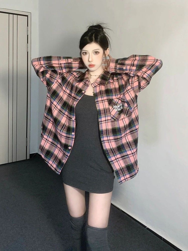 日系學院風vintage格子襯衫女外穿寬鬆磨毛襯衣上衣長袖秋冬外套