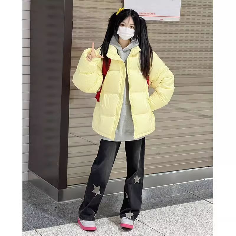 美式復古五角星闊腿牛仔褲女春秋2023新款小個子寬鬆墜感直筒褲子