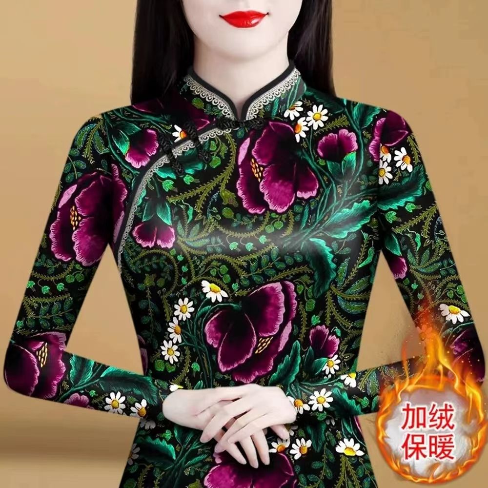加絨改良旗袍領打底衫女裝中老年秋冬新款洋氣印花修身內搭上衣潮