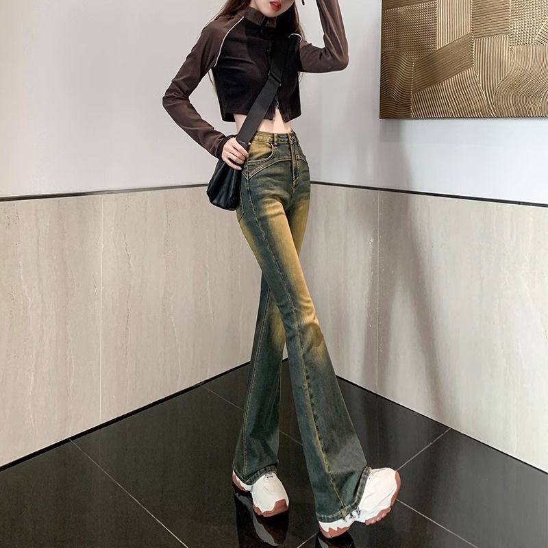 復古美式微喇叭牛仔褲女2023年秋冬新款高腰彈力修身顯瘦馬蹄長褲