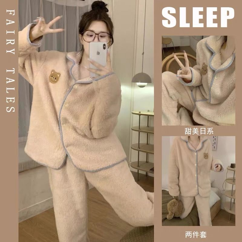 珊瑚絨睡衣女秋冬季加絨加厚長袖網紅款學生可愛法蘭絨家居服套裝