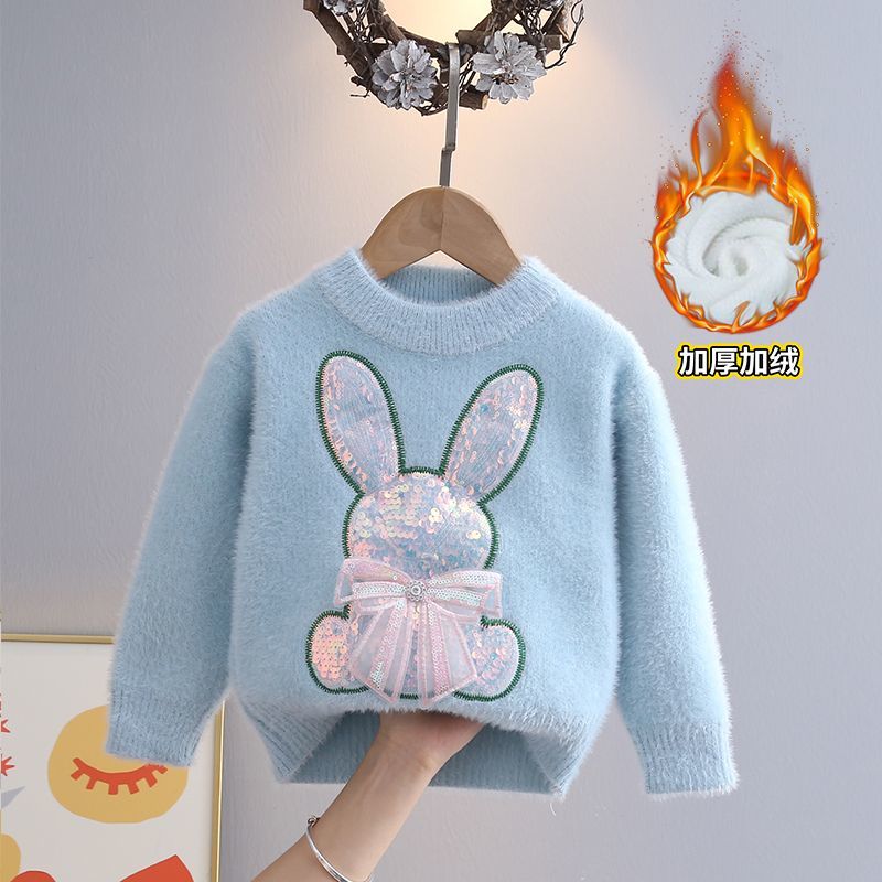 女童毛衣加绒冬季新款水貂绒针织女孩韩版套头圆领中小童学生兔子
