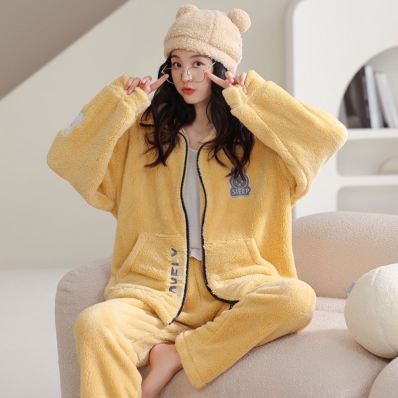 歌倩雅珊瑚絨睡衣女2023新款冬季加厚家居服法蘭絨可外穿保暖套裝