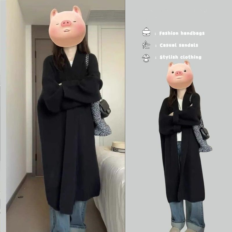 Mid-length sweater jacket for women autumn and winter knitted cardigan 2023 new style loose lazy style high-end top