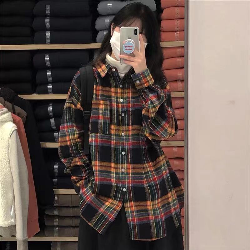秋冬季復古長袖格子襯衫女外穿寬鬆大碼外套疊穿上衣磨毛格紋襯衣