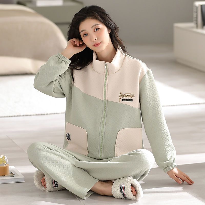 歌倩雅冬季長袖睡衣女春秋空氣棉夾層純棉加厚大碼休閒家居服夾棉