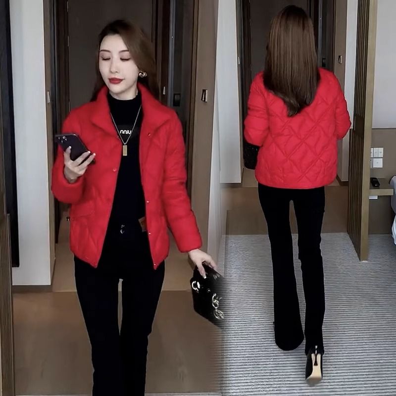 Small short style thin down cotton coat for women 2023 autumn and winter new style fashionable and warm rhombus cotton coat