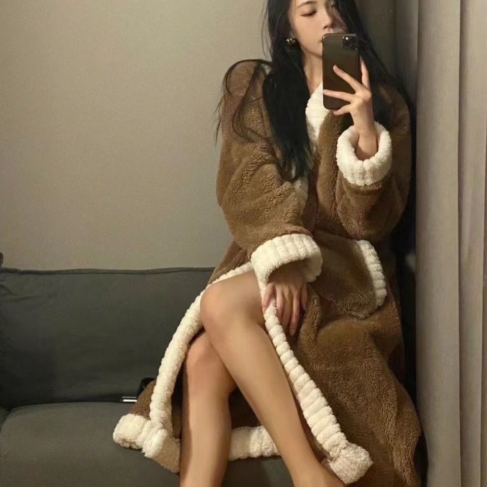 韩版高级感纯色珊瑚绒睡袍睡衣女冬季新款法兰绒加厚长裤居家套装
