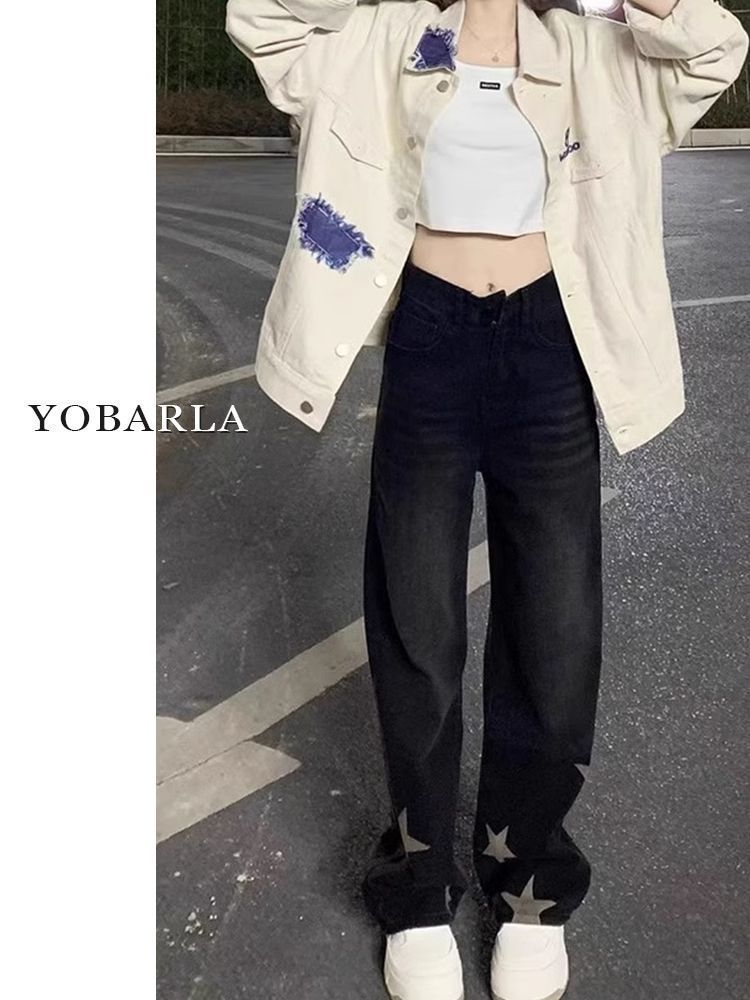 美式高街黑色星星直筒牛仔褲大碼女梨型身材微胖顯瘦寬鬆闊腿褲