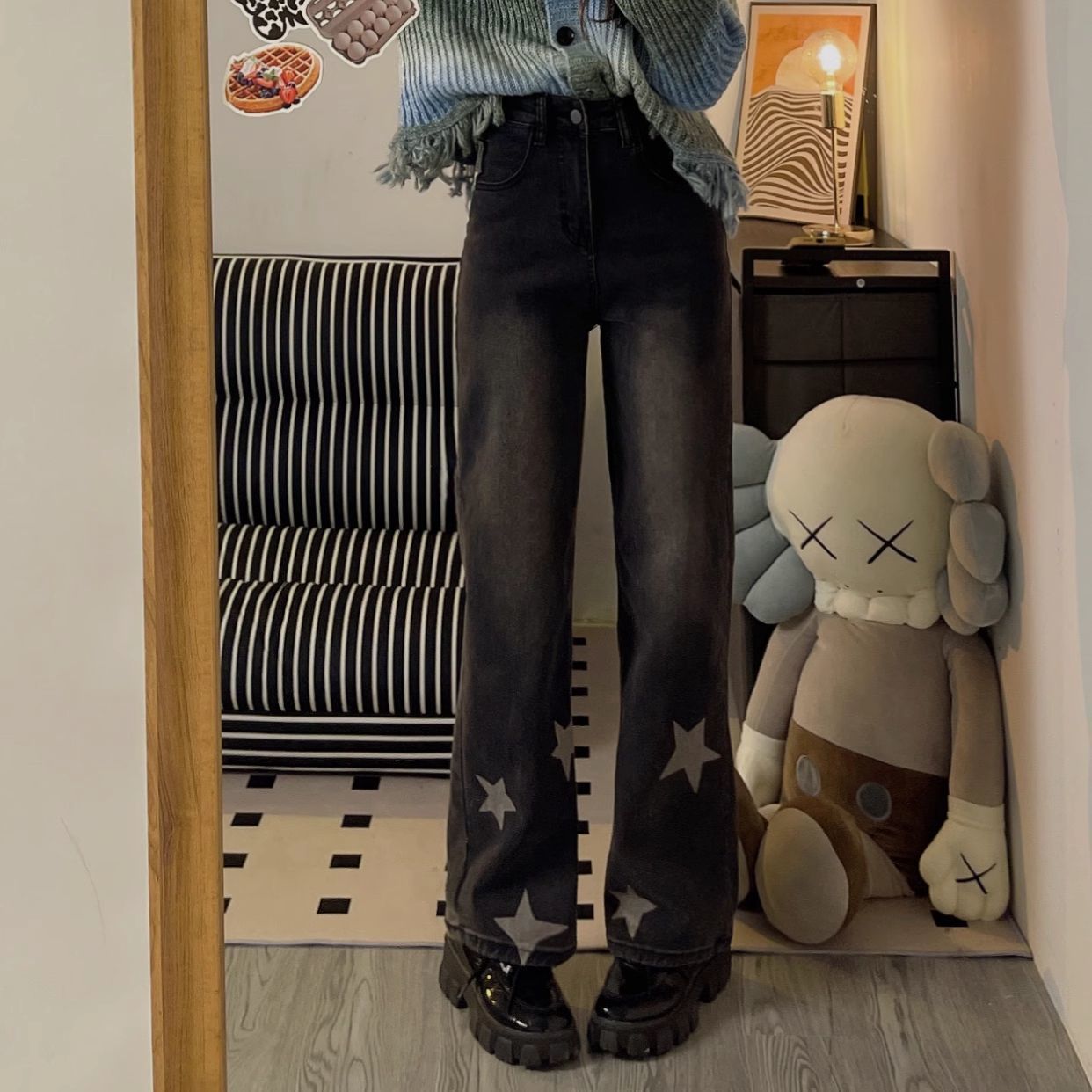 牛仔褲女秋冬季黑色大碼微胖mm顯瘦窄版直筒褲美式高街寬鬆闊腿褲